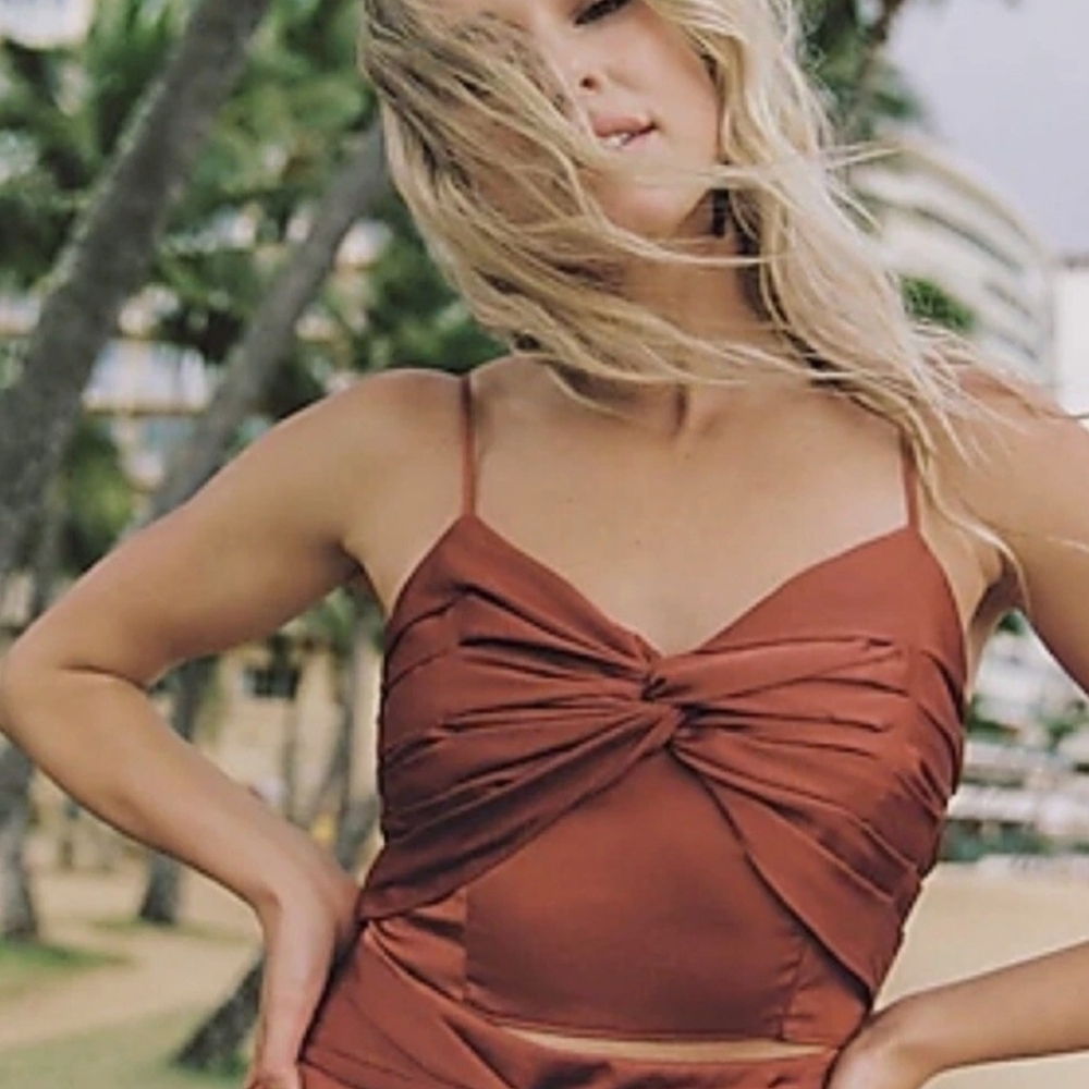 Express rust satin ruffled twist detail cropped sleeveless camisole blouse